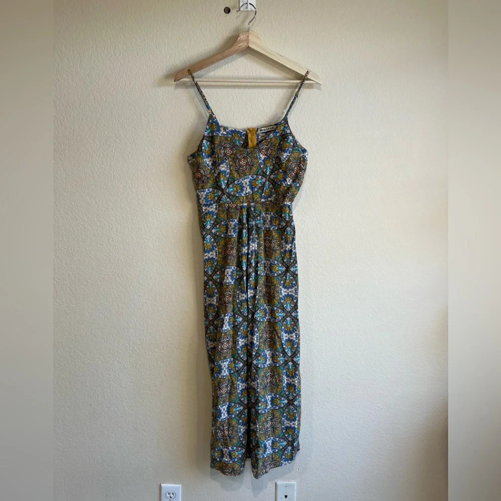 Red leaf brown blue print maxi dress L summer beach